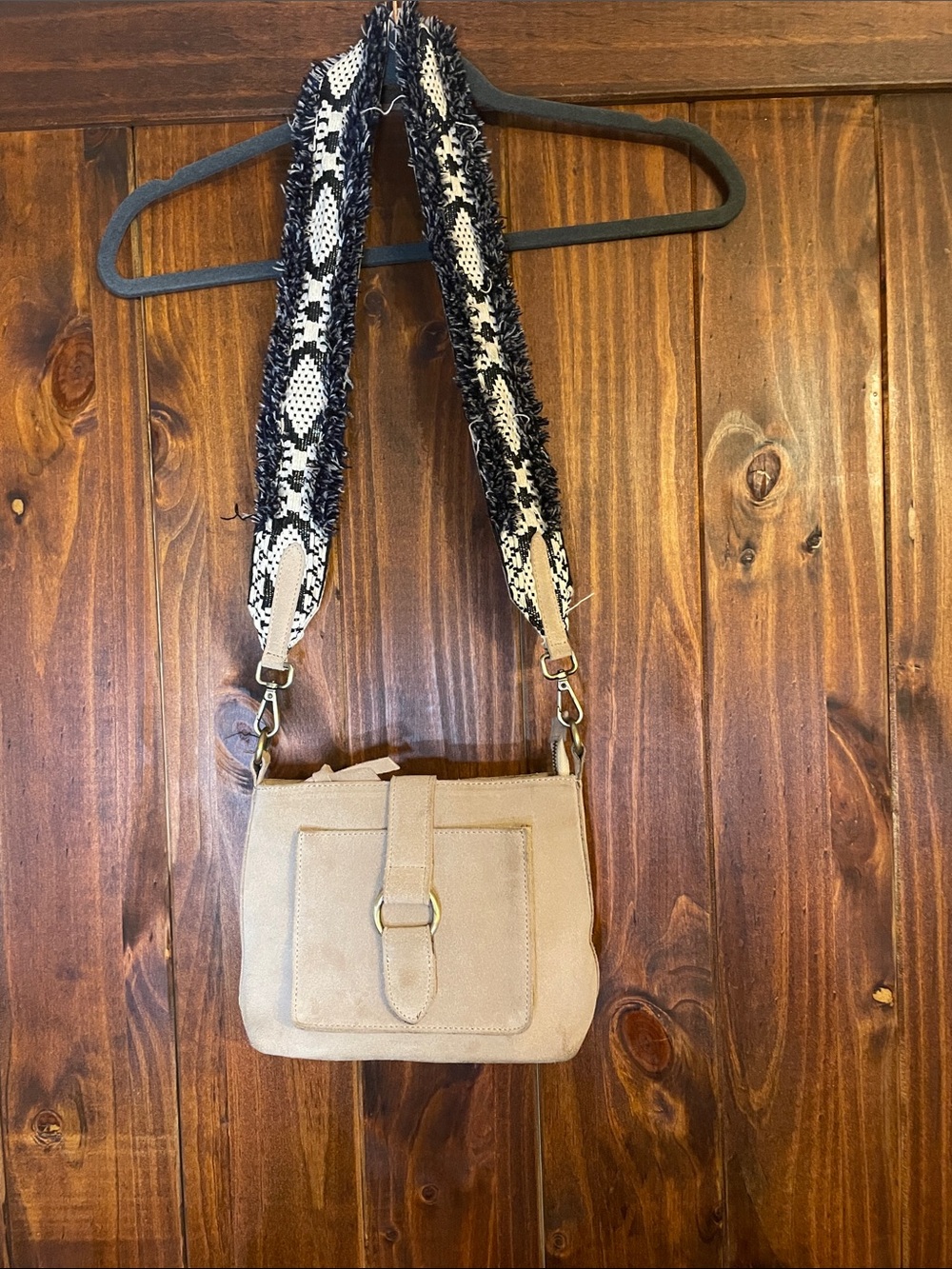 Anthropologie Zuma Beige Sued Crossbody  with Black, Navy, Cream Fringe Strap